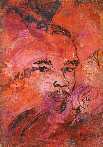 Self-portrait by David C. Driskell with red and black painted background
