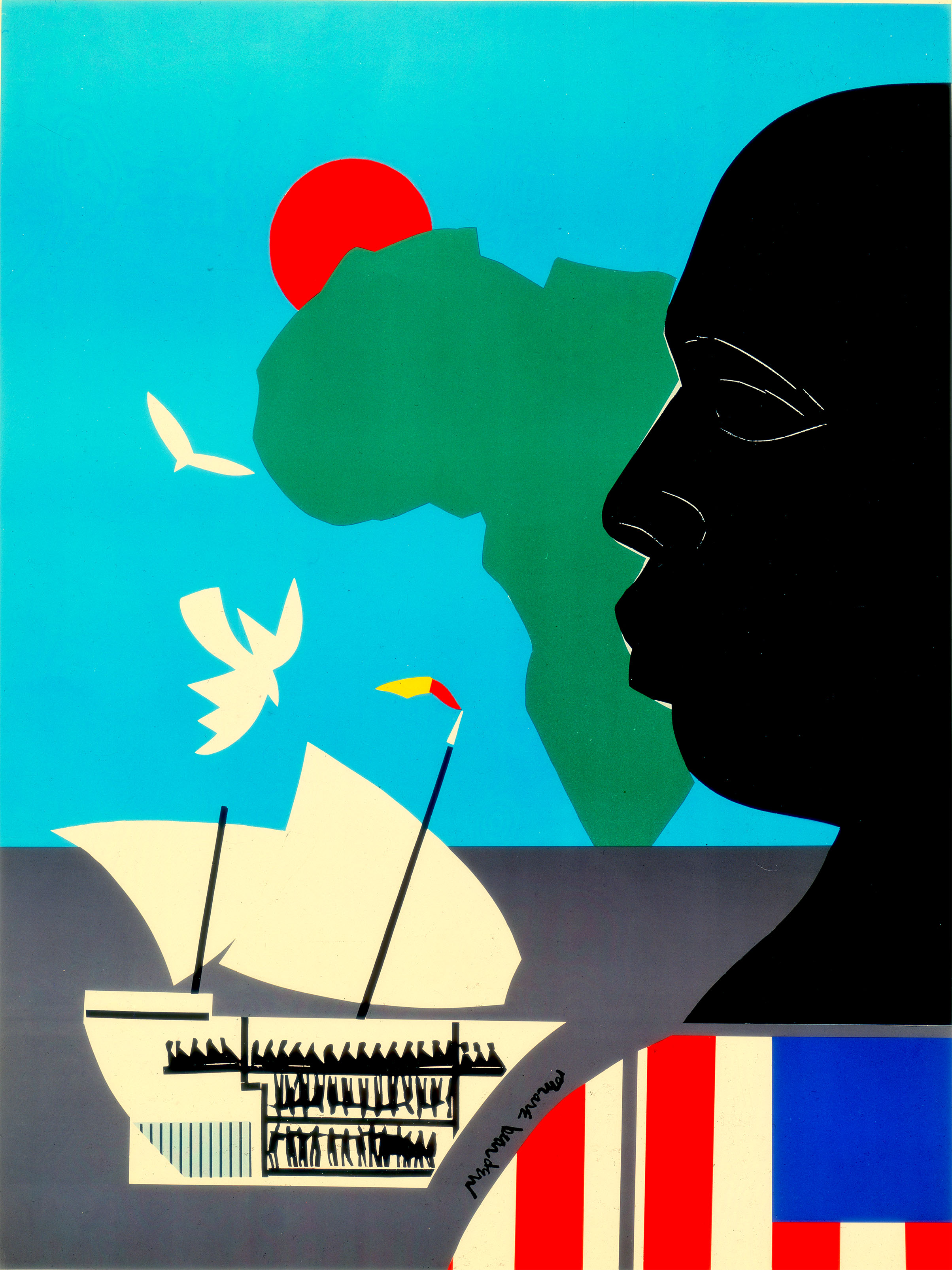 black silhouette of man with African features wearing American flag with African continent and slave ship behind him