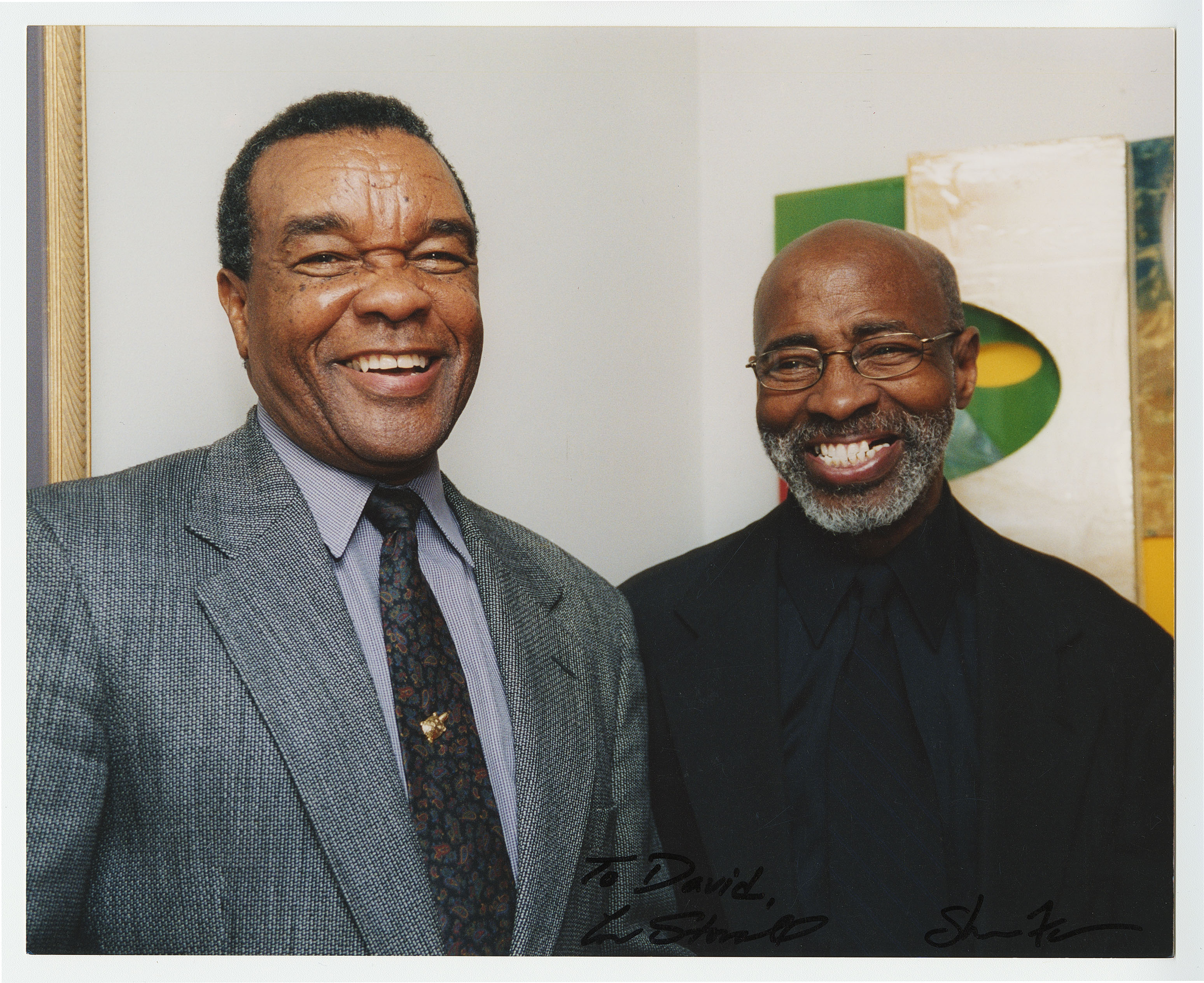 Lou Stovall with David C. Driskell at the University of Maryland, circa 2001. Image courtesy of the David C. Driskell Papers at the David C. Driskell Center at the University of Maryland, College Park. Gift of Prof. and Mrs. David C. Driskell. MS01.11.01.P0697