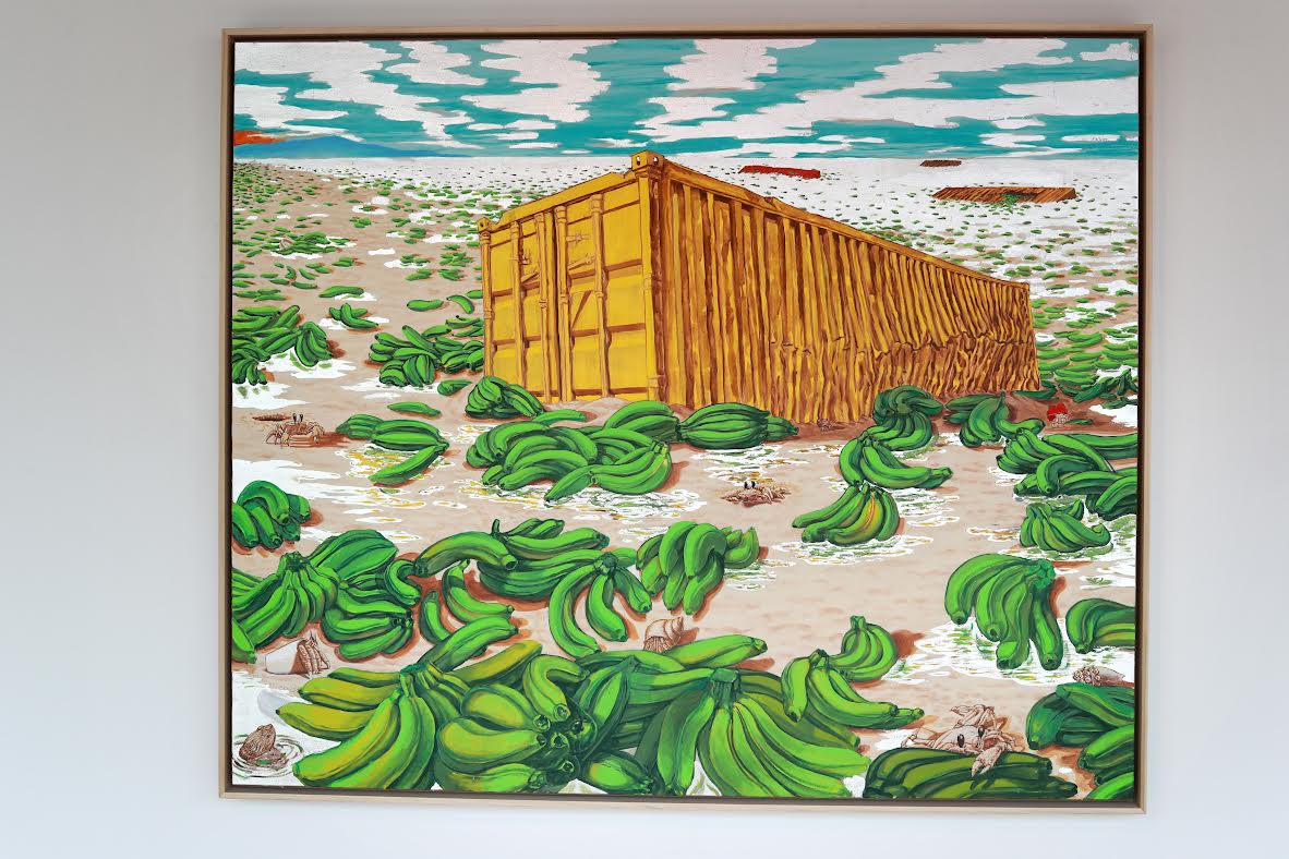 painting of a large yellow shipping container resting on the ground surrounded by a sea of green bananas. 