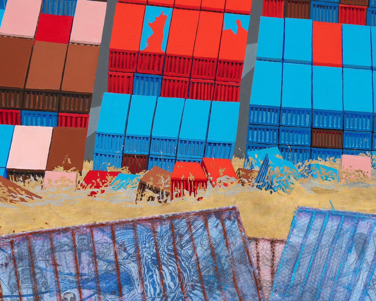 A detail of a Dewey Crumpler painting with shipping container block forms and golden wave.