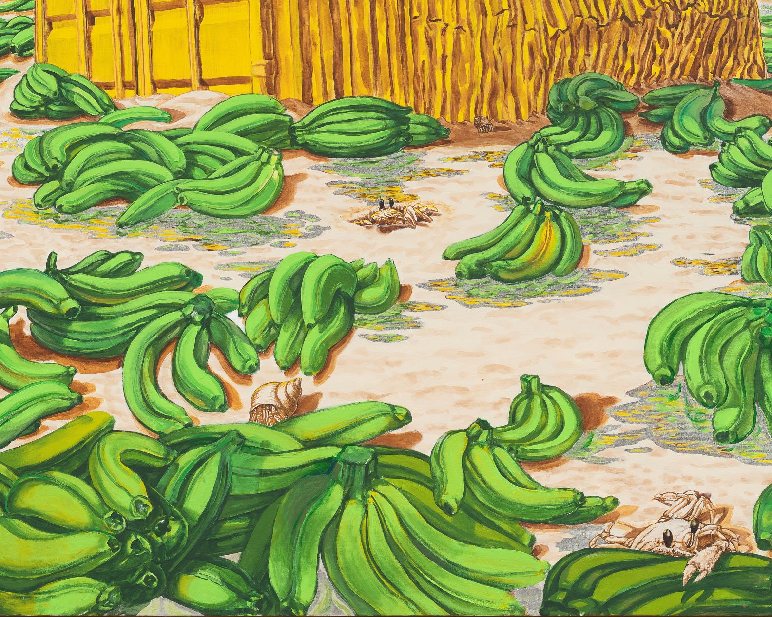 A detail of a Dewey Crumpler painting with green bananas.