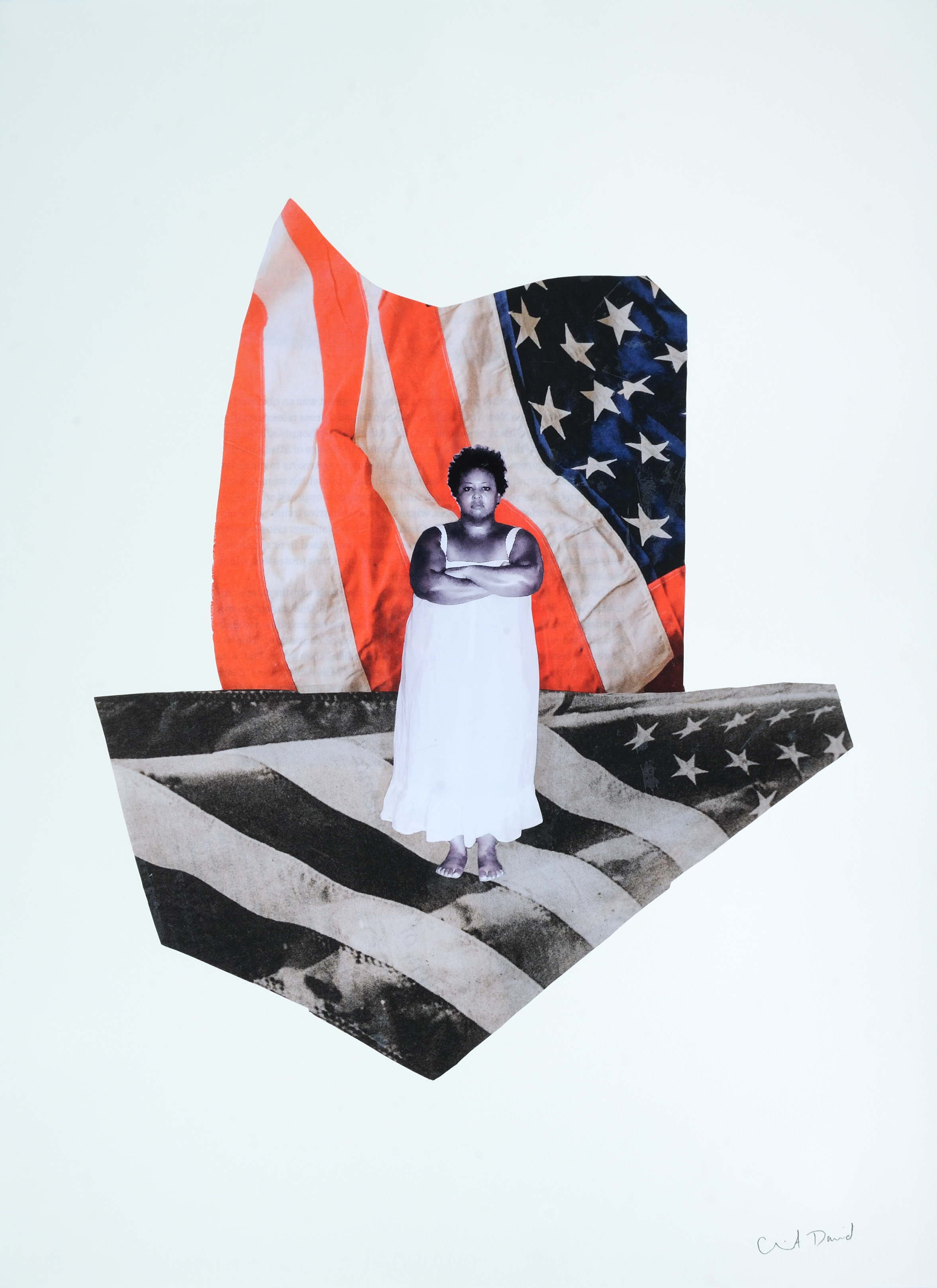 A Black woman in a white dress stands barefoot with arms crossed, centered over overlapping images of the American flag—one in full color behind her, one in black and white beneath her feet—creating a layered collage on a white background.