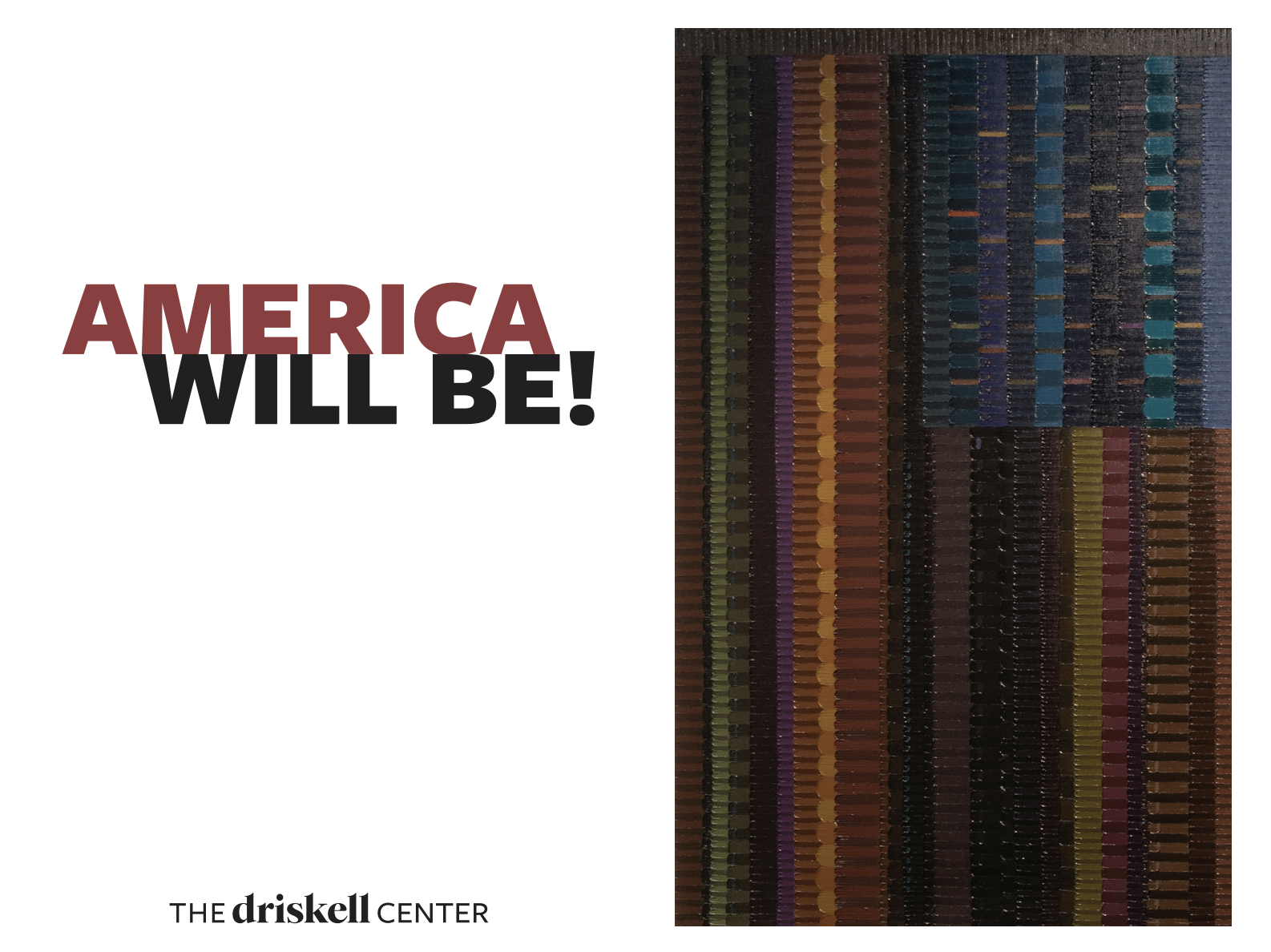 poscard saying America Will Be! on the left and a dark American Flag inspired image on the right