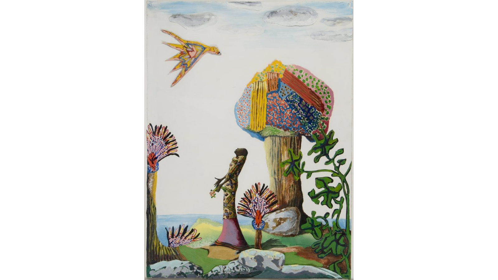 Painting of a woman in a fantastical landscape. A bird flies overhead. There are whimsical trees in the background and foreground. A green, leafy vine twists upward at the front right. There are boulders, and it is a clear, blue day. The figure looks upward towards the sky and holds a flower. She wears a patterned dress. The entire scene is energetic and colorful.