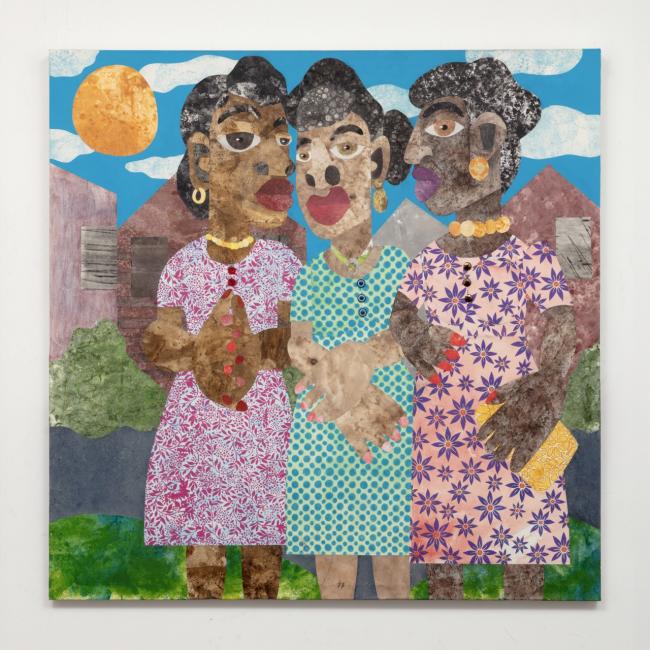 A vibrant mixed-media collage by Evita Tezeno depicting three Black women standing arm-in-arm against a bright blue sky with clouds, a yellow sun, and stylized houses in the background. Each woman wears a patterned dress—pink with white leaves, teal with yellow dots, and peach with purple flowers—and accessorizes with bold jewelry.