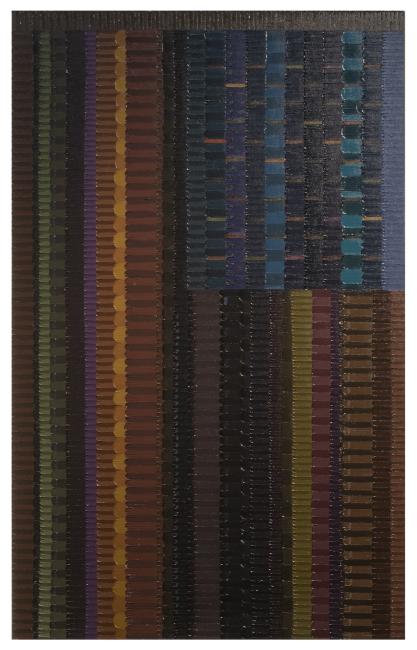 a downward-oriented flag form referencing the American flag, using a palette of dark brown, purple, dark green, and blue. The surface consists of individually applied, single-stroke paint marks arranged in lines that resemble a quilted textile.
